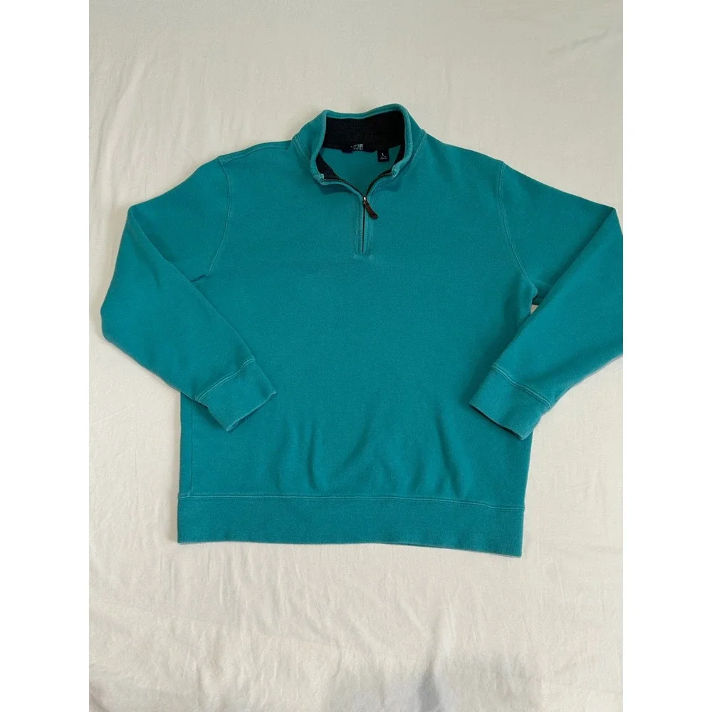 Lands End Mens Teal Green 100% Cotton Ribbed Quarter Zip Pullover Sweater Large